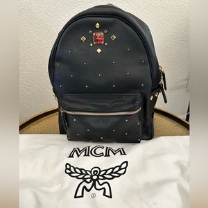 Authentic MCM Stark Front Studs LeatherBackpack in Subdued Visetos Black / Large